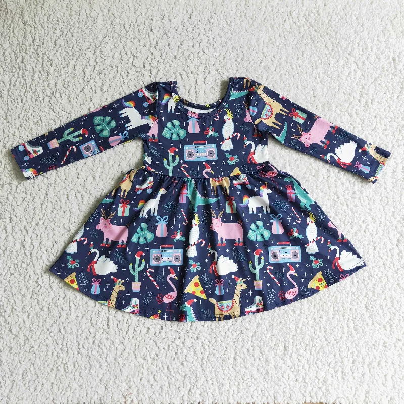 GLD0135 Christmas Santa Blue Pig Unicorn Animal Cartoon Girls Long Sleeve Dresses Tunics Sophisticated sleek
