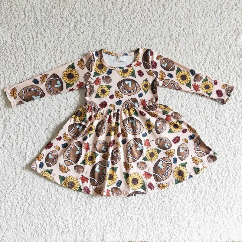 GLD0137 Yellow Sunflower Football Girls Long Sleeve Dresses Tunics Trendy modern