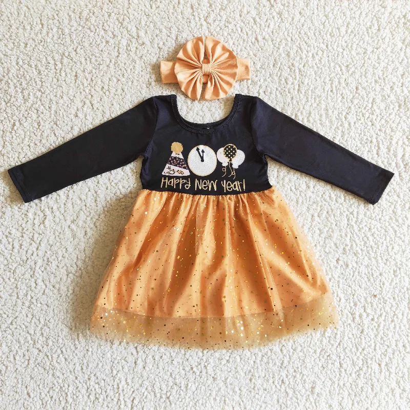 GLD0138 Happy New Year Black Yellow Balloon Clock Hat 3Pcs With Heaband Bow Tulle Tutu Girls Long Sleeve Dresses Bodycon Club Sequined