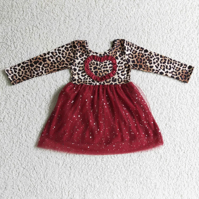 GLD0139 Valentine Love Heart Red Leopard Tutu Tulle Girls Long Sleeve Dresses Tunics Fashionable trendy
