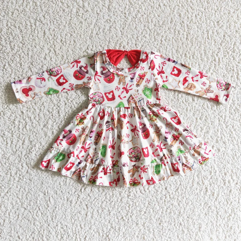 GLD0140 Christmas Red Green Gingerbread Cake Candy M Cartoon Girls Long Sleeve Dresses Turtleneck Warm Winter