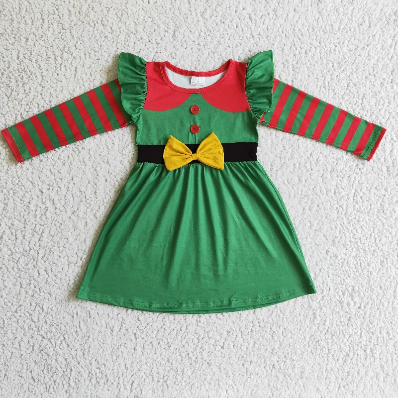 GLD0143 Christmas Red Green Stripes Ruffles Bow Girls Long Sleeve Dresses Tunics Fashionable trendy