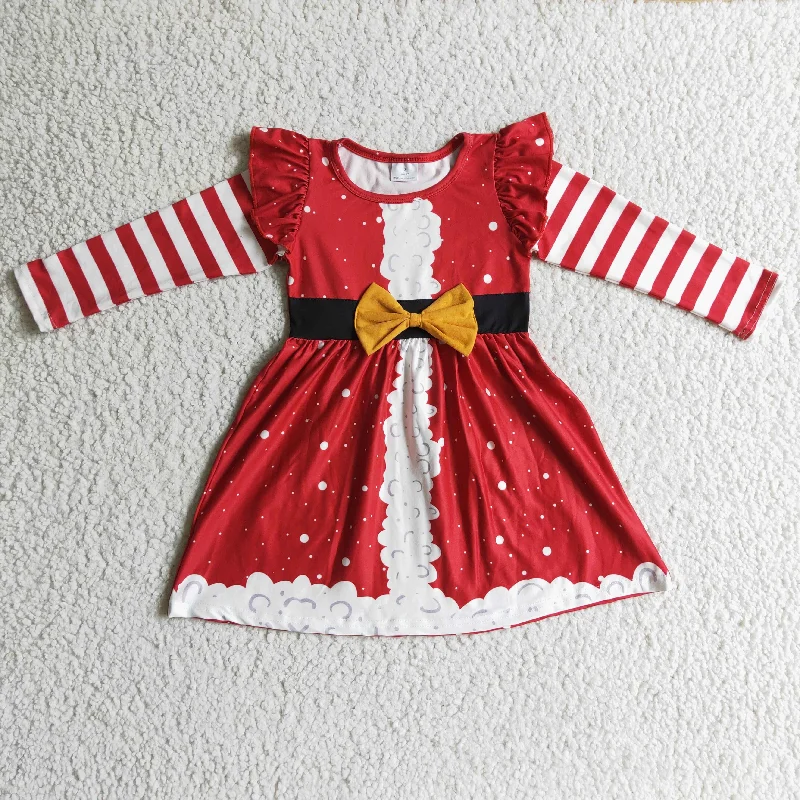 GLD0146 Christmas Red Green Stripes Santa Ruffles Bow Girls Long Sleeve Dresses Tunics Sophisticated sleek
