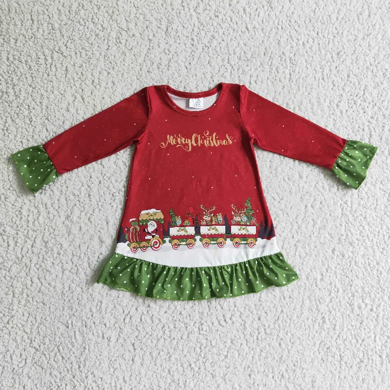 GLD0147 Merry Christmas Santa Deer Tree Car Red Green Girls Long Sleeve Dresses Tunics Trendy modern