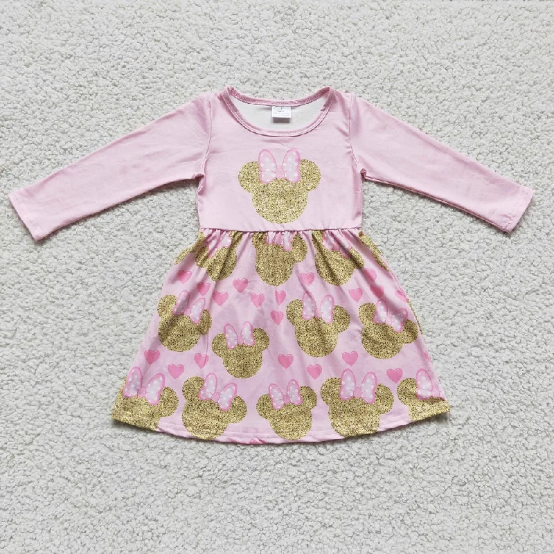 GLD0156 Girl Pink Golden Bow Dress Tunics Versatile stylish