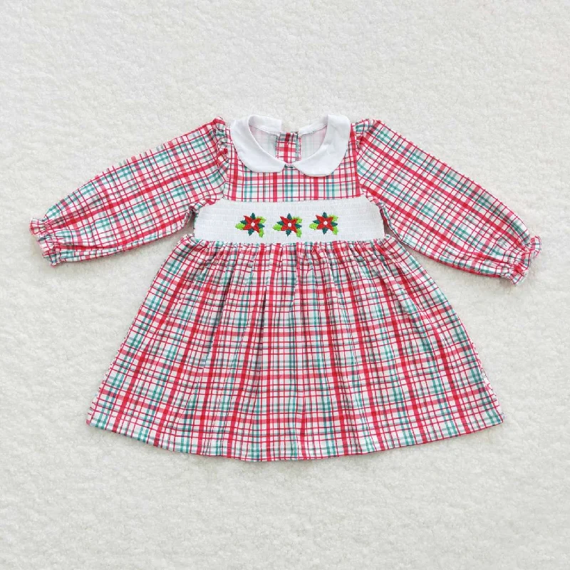 GLD0300 Baby Girl Smocked Embroidery Long Sleeves Christmas Floral Plaid Dress Turtleneck Neckline Stylish