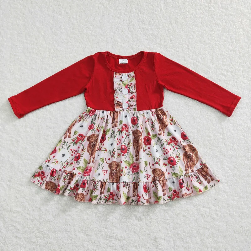 GLD0322 Baby Girl Christmas Floral Red Long Sleeves Western Cow Dress Tunics Formal black