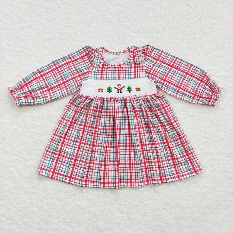 GLD0331 Baby Girl Long Sleeves Smocked Embroidery Christmas Santa Plaid Dress Tunics Floral girly