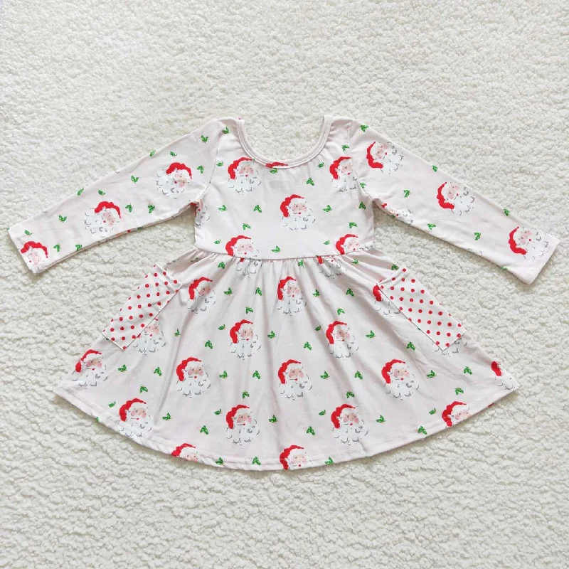 GLD0369 Christmas Santa Baby Girl Pink Long Sleeves Pocket Dress Tunics New arrival