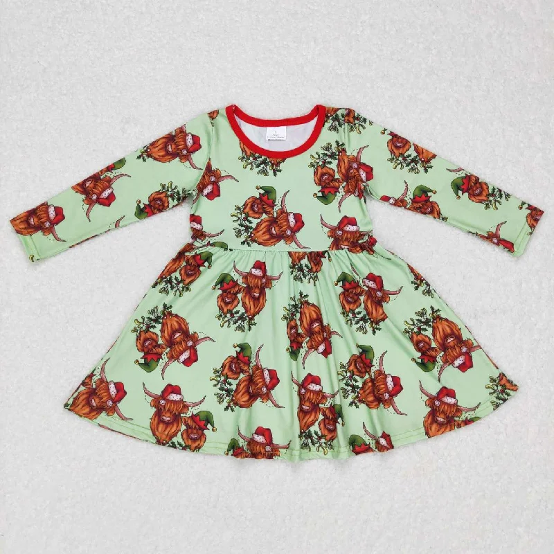 GLD0387 Baby Girl Christmas Long Sleeves Western Cow Twirl Dress Tunics Summer linen