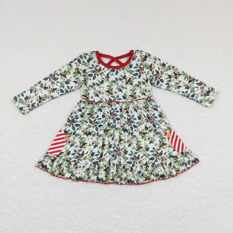 GLD0389 Baby Girl Christmas Leaves Long Sleeves Pocket Dress Boatneck Modish Everyday