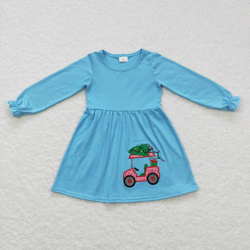 GLD0391 Baby Girl Long Sleeves Christmas  Embroidery Truck Tree Blue Cotton Dress sweetheart Neckline Romantic