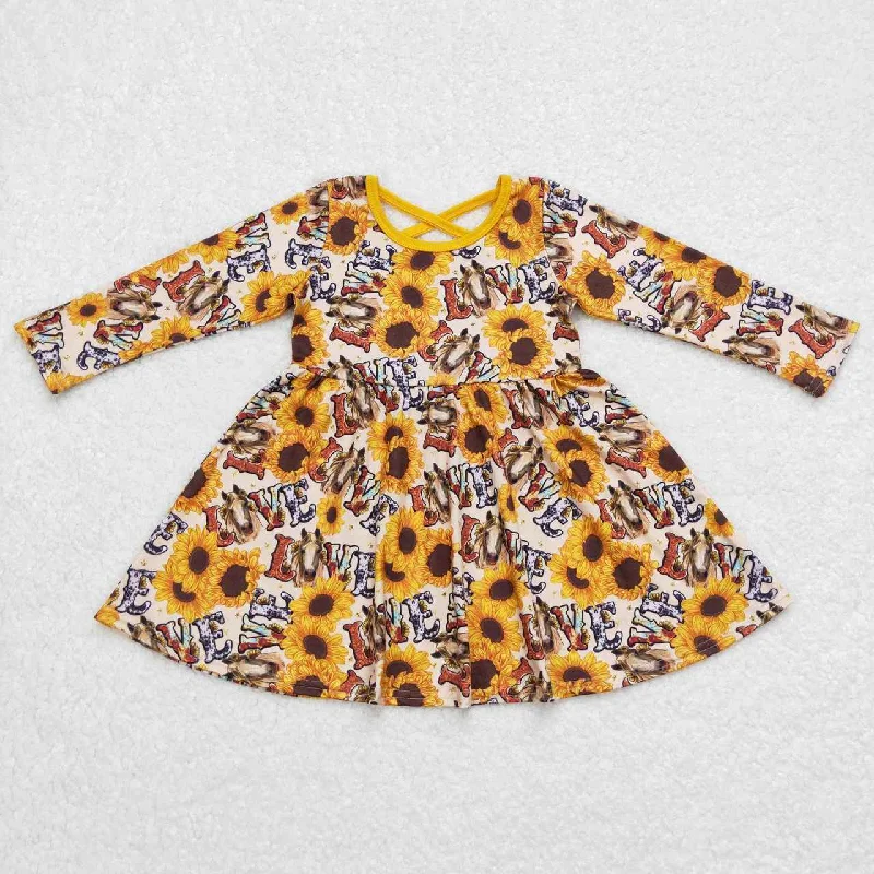 GLD0393 Baby Girl Western Long Sleeves Horse Sunflower Twirl Dress Tunics Hiking breathable