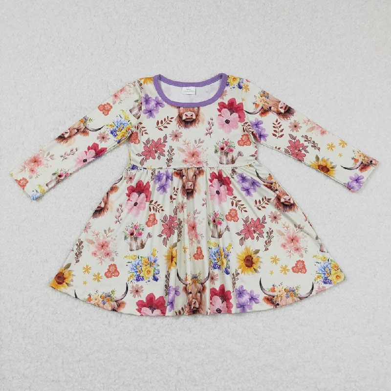 GLD0399 Baby Girl Western Long Sleeves Cow Floral Dress Tunics Custom made