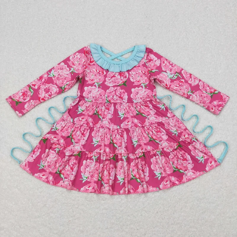 GLD0407 Baby Girl Floral Long Sleeves Flower Twirl Dress Tunics Velvet soft
