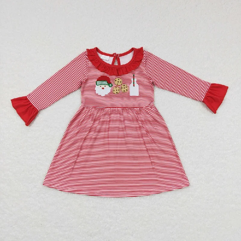 GLD0411 Baby Girl Christmas Santa Cookie Long Sleeves Red Stripes Dress Tunics Cozy soft