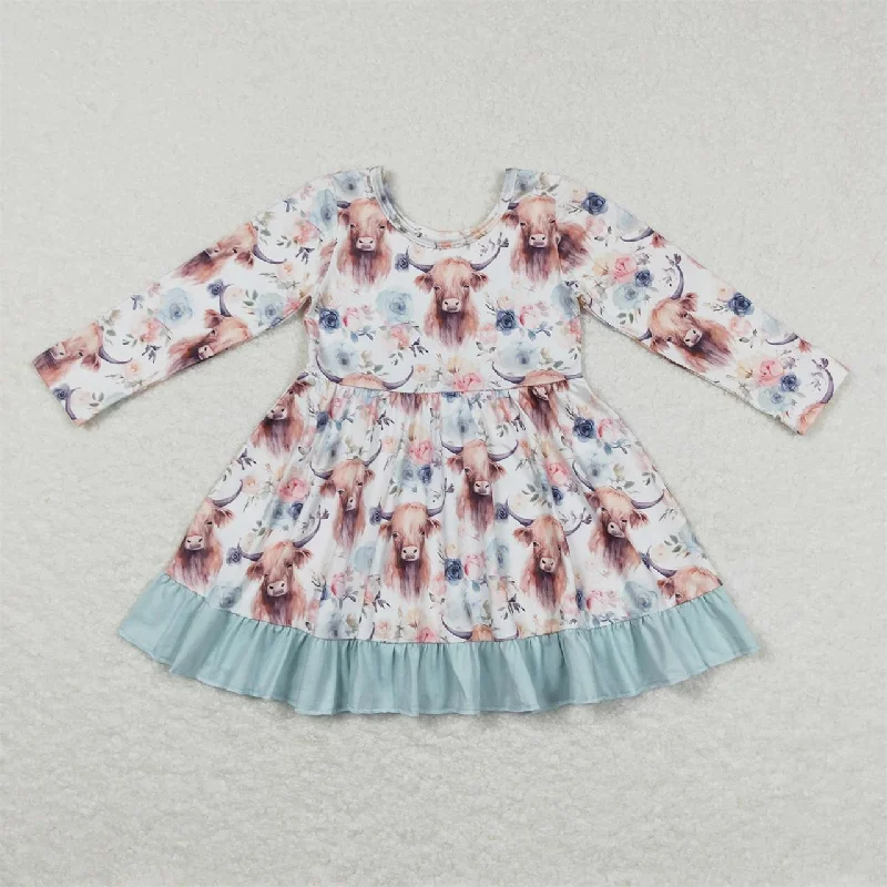GLD0412 Baby Girl Western Cow Floral Long Sleeves Twirl Dress Tunics Chic elegant