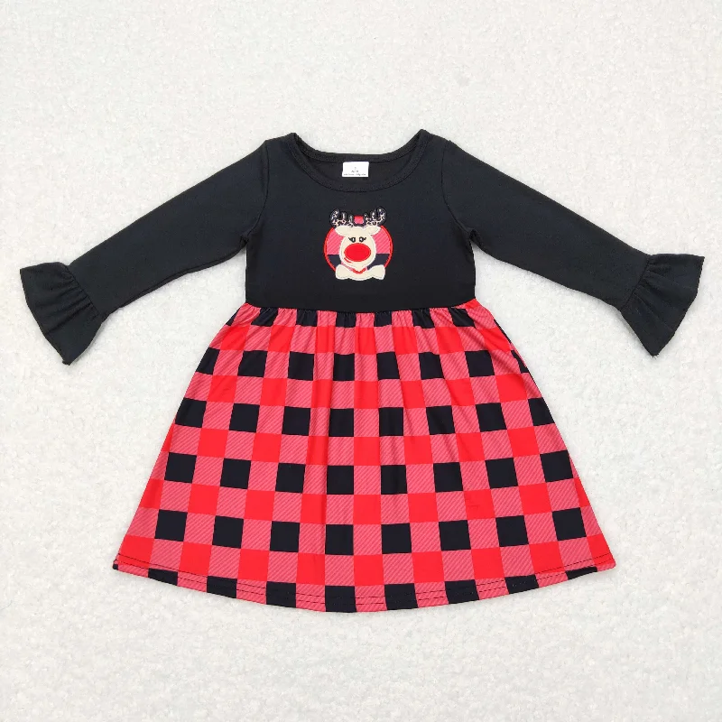 GLD0423 Baby Girl Christmas Long Sleeves Embroidery Reindeer Plaid Dress Crew Neckline Sporty