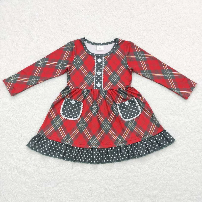 GLD0424 Baby Girl Christmas Plaid Long Sleeves Pocket Dress Tunics Sophisticated sleek
