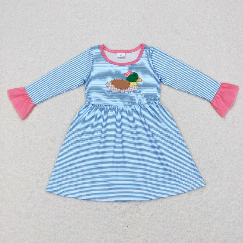 GLD0426 Baby Girl Blue Stripes Long Sleeves Embroidery Duck Hunting Dress Shift Classic Vintage