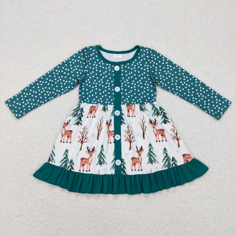 GLD0429 Baby Girl Christmas Long Sleeves Tree Deer Dress Tunics Luxurious premium
