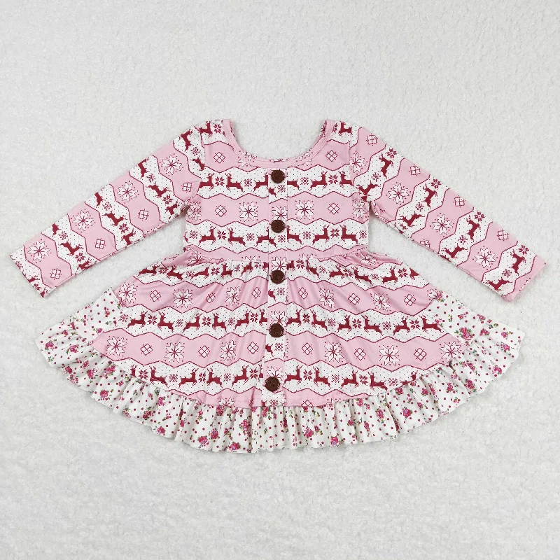 GLD0433 Baby Girl Christmas Long Sleeves Reindeer Pink Twirl Dress Tunics Trendy modern