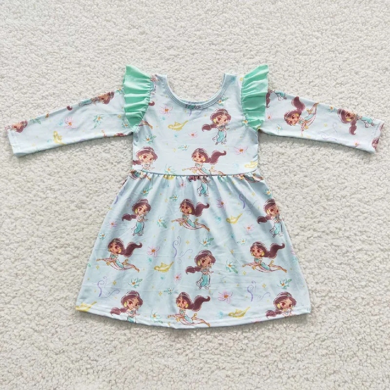Green flutter cartoon princess baby long sleeve dress Tunics Party sparkling