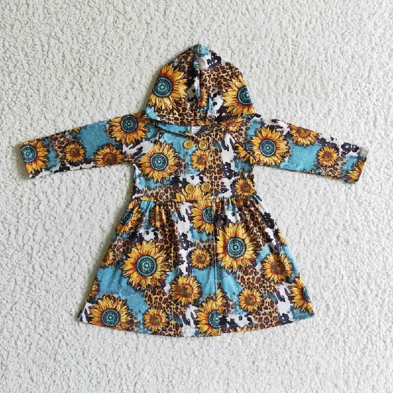 GT0028 Girl Sunflower Leopard Hooded Dress Tunics Summer linen