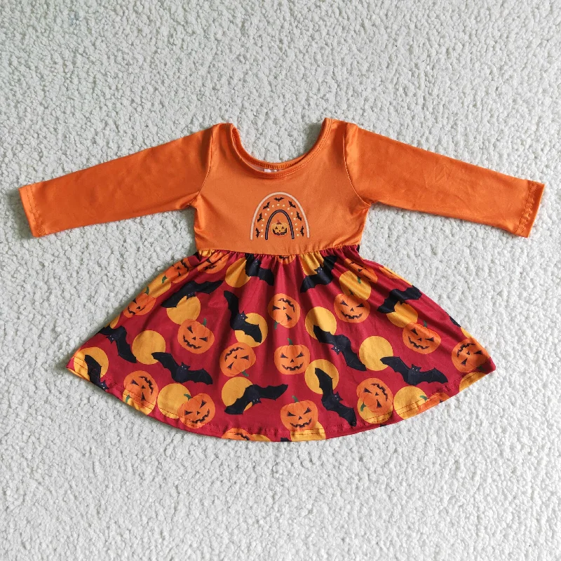 GLD0016 Halloween Pumpkin Print Baby Girls Orange Long Sleeve Twirl Dress-promotion 2024.9.21 Tunics Evening elegant