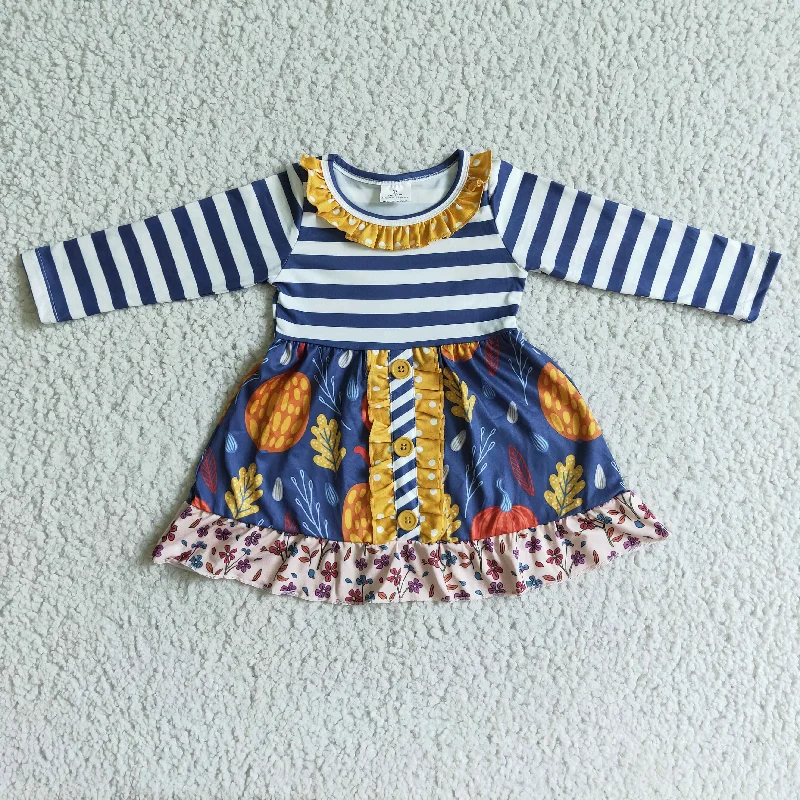 GLD0021 Fall Pumpkin Floral Print Baby Girls Blue Stripe Long Sleeve Dress-promotion 2024.9.28 Turtleneck Neckline Stylish