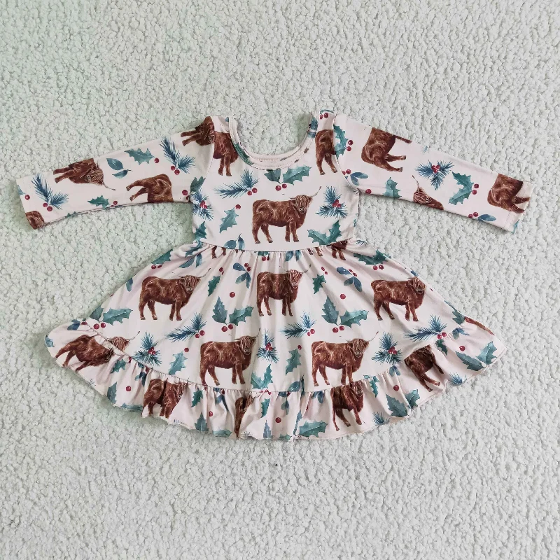 GLD0005 Highland Cow Leaf Print Baby Girls Long Sleeve Twirl Dress-promotion 2024.10.19 Tunics Luxurious premium