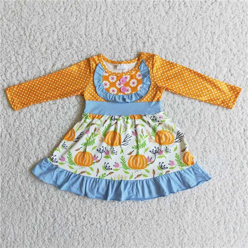 Halloween pumpkin yellow polka dots blue lace dress Tunics Winter warm