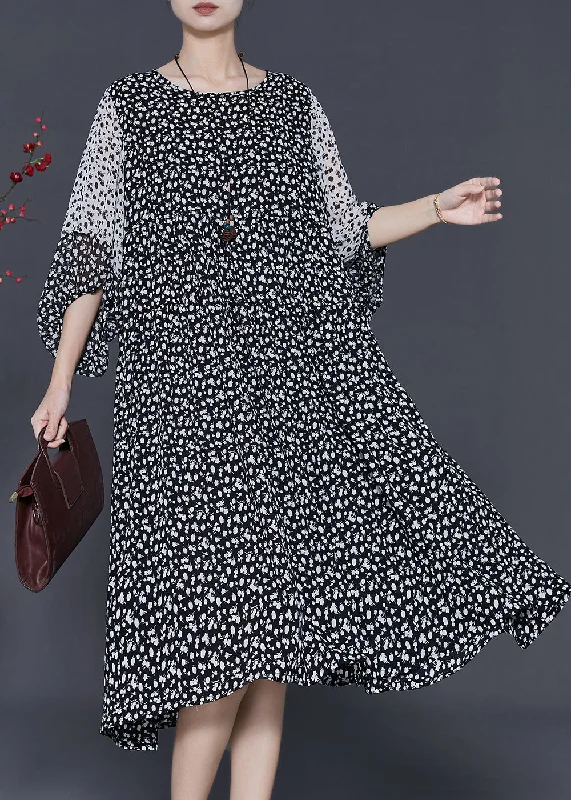 Italian Black Oversized Patchwork Print Chiffon Dress Summer Pencil Office Professional