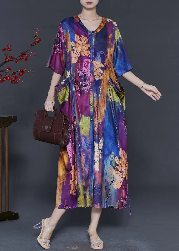 Italian Purple Oversized Print Silk Long Dress Summer Tunics Chinos classic