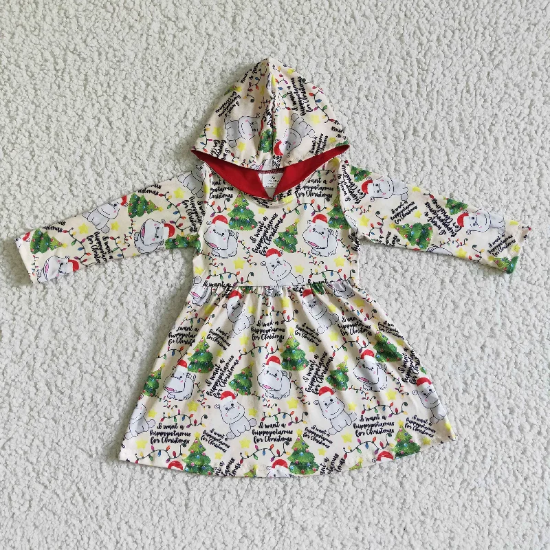 Kids Hoodie Dresses Christmas Tree Hippo Print Long Sleeve Dress Tunics Luxurious high-end