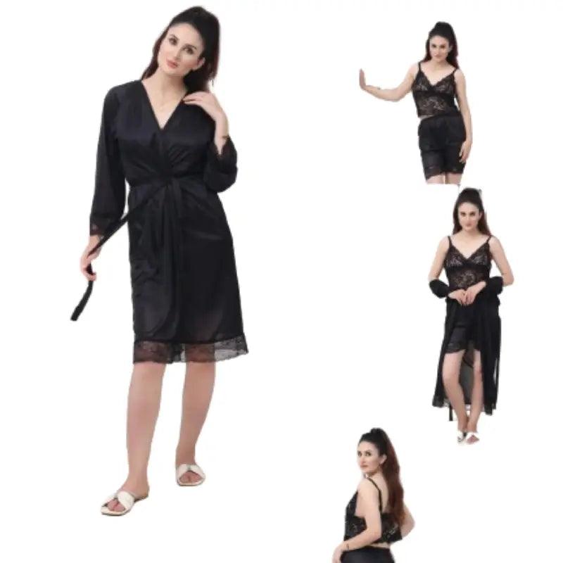 Ladies Nightgown Dressing Sleep Robe V Neck Silky Lace  Sleepwear with Belt Boatneck Modish Everyday