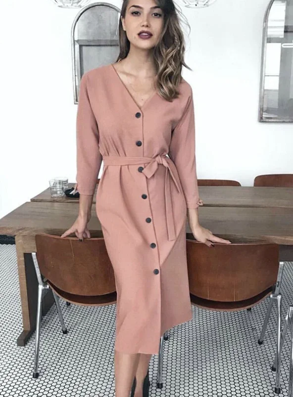 LADIES SASHES BUTTON CASUAL OFFICE DRESS Elegant Long Evening