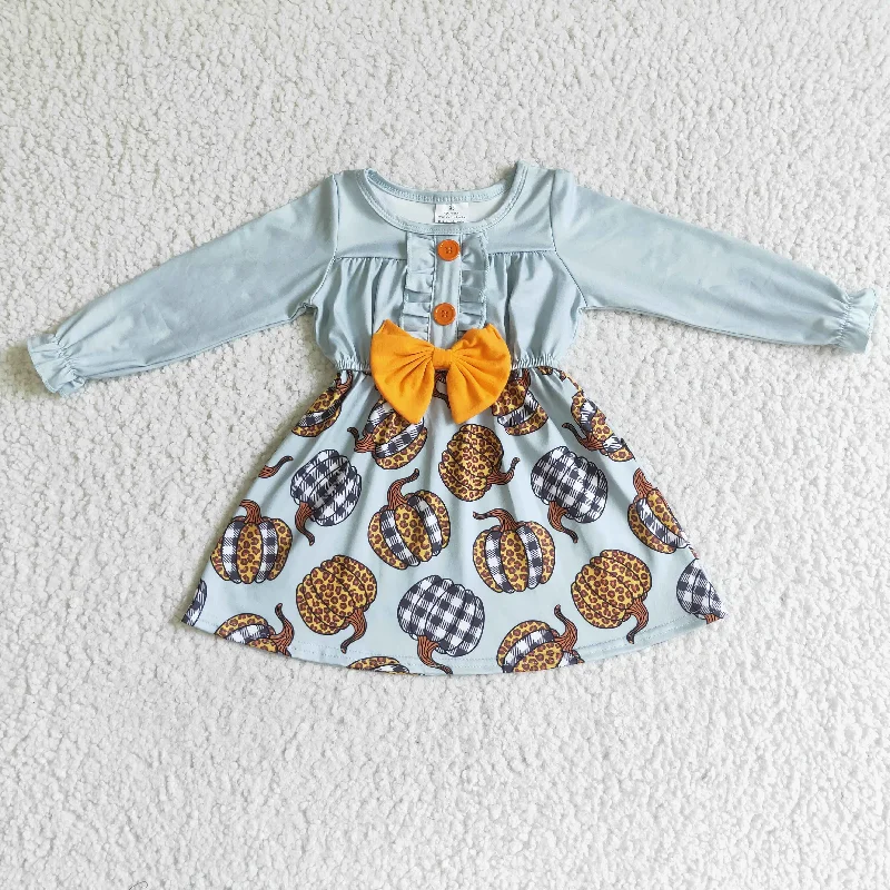 GLD0007 Light Blue Leopard Pumpkin Print Baby Girls Long Sleeve Bow Button Dress-promotion 2024.7.27 Tunics Hiking breathable