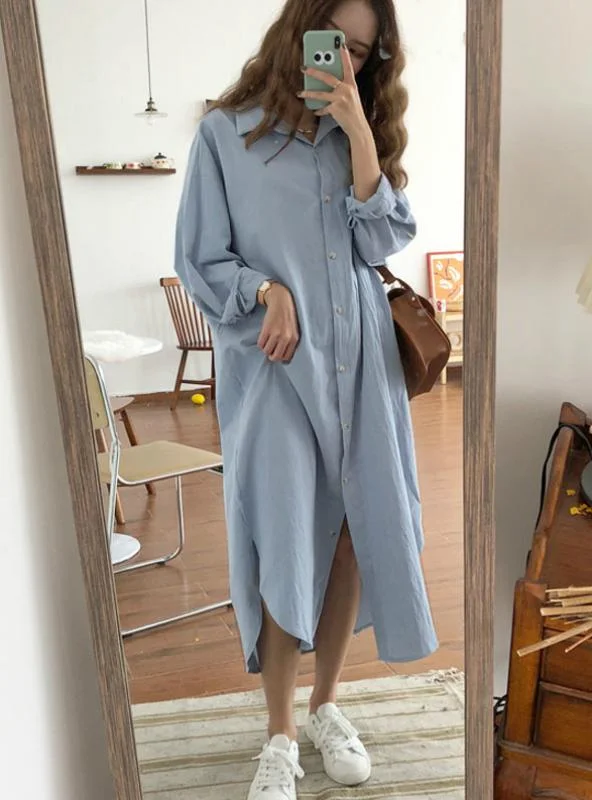 LONG DRESS LONG SLEEVE SHIRT TURN DOWN COLLAR Tunics Leisure comfortable