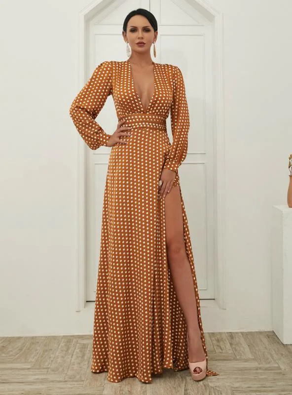 LONG SKIRT WAVE PRINT V-NECK SPLIT LONG SLEEVE DRESS Halter Neckline Beach