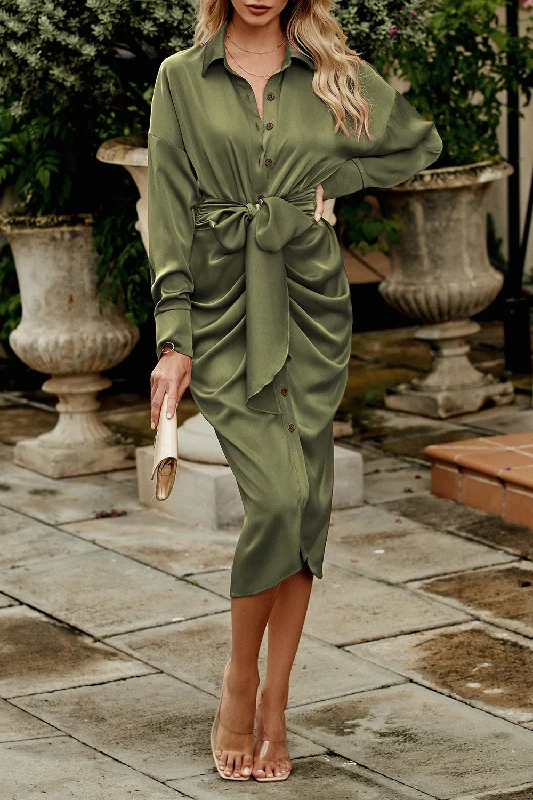 Long Sleeve Lapel V Neck Button Down Satin Shirt Dress with Belt Tunics Stylish elegant