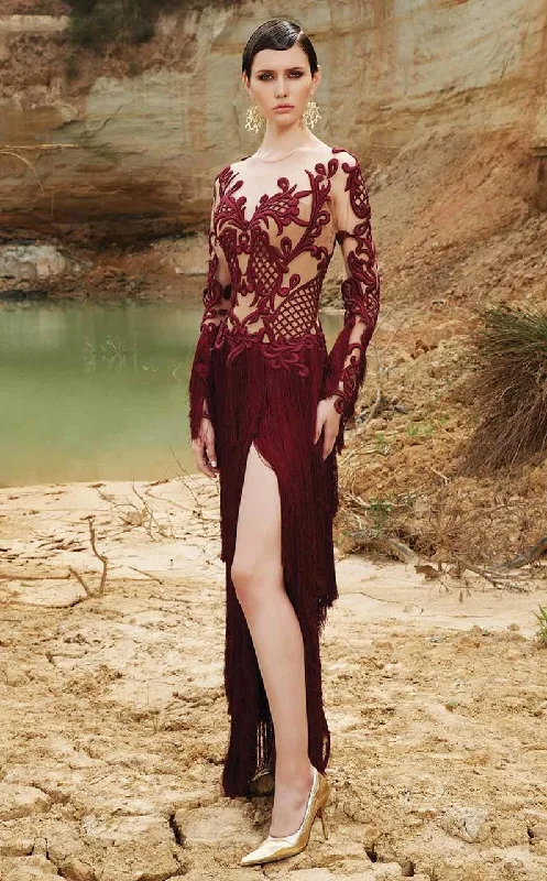 MNM Couture - Embroidered Sheer Bodice High Slit Dress 2356 Tunics Winter warm