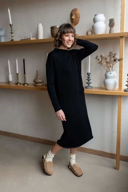 Longline Merino Wool Dress With Turn-Up Trims Black Tunics Fall fleece