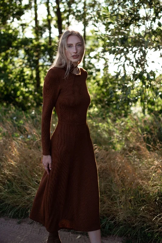 Knitted Merino Wool A-Line Midi Dress Chocolate Brown Elegant Long Evening