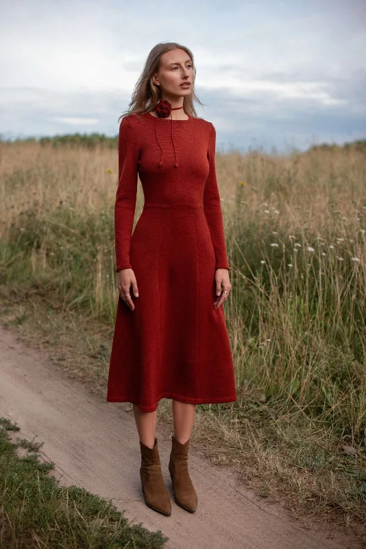 Knitted Merino Wool A-Line Midi Dress Rust Tunics Essential wardrobe