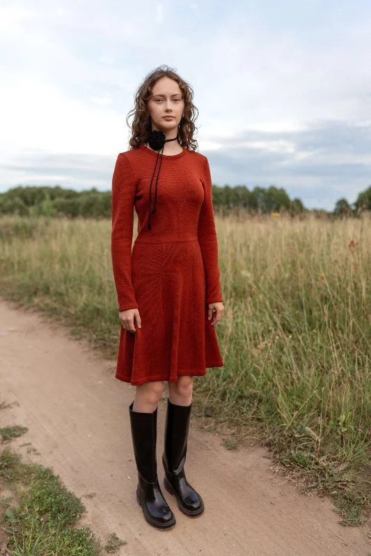 Mini Knitted Merino Wool A-Line Dress Rust Tunics Versatile functional