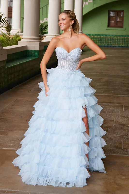 Nox Anabel -R1688 Strapless Applique Layered A-Line Dress Turtleneck Neckline Stylish