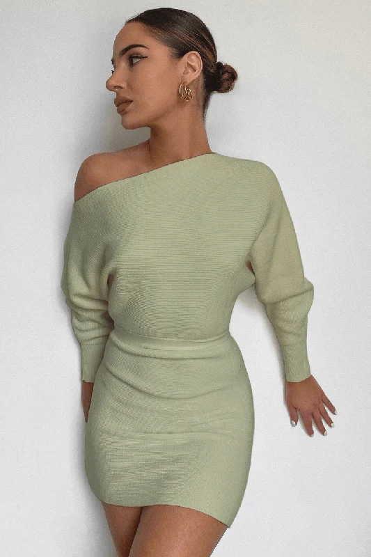 One Shoulder Knit Dress - Sage Tunics Short Trendy