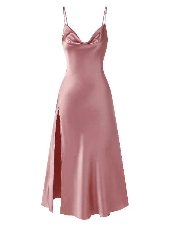 Pink 1930s Solid Satin Slit Suspender Nightdress Tunics Sale discount