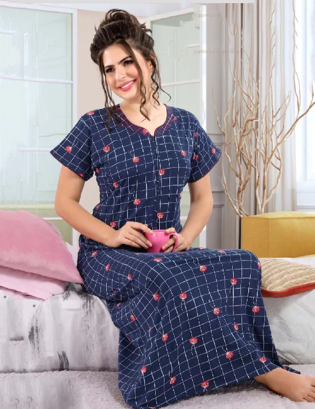 Printed Blue Cotton Maxi Night Dress Nighty for Ladies Square Neckline Feminine